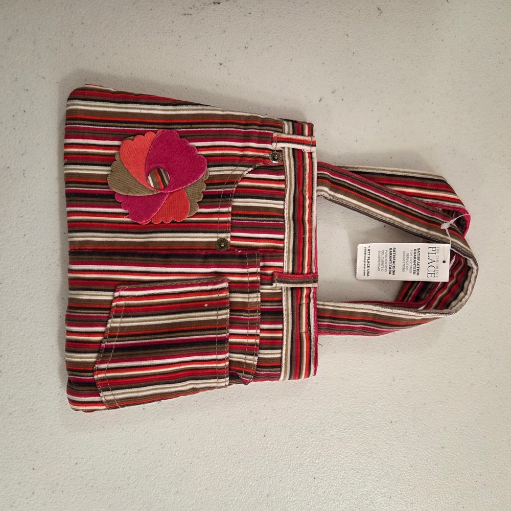 The Childrens Place Striped Corduroy‎ Tote Bag Flower Applique Red Brown Y2K NWT